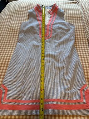 Eliza J Blue-and-White Striped Shift Dress with Coral Trim
